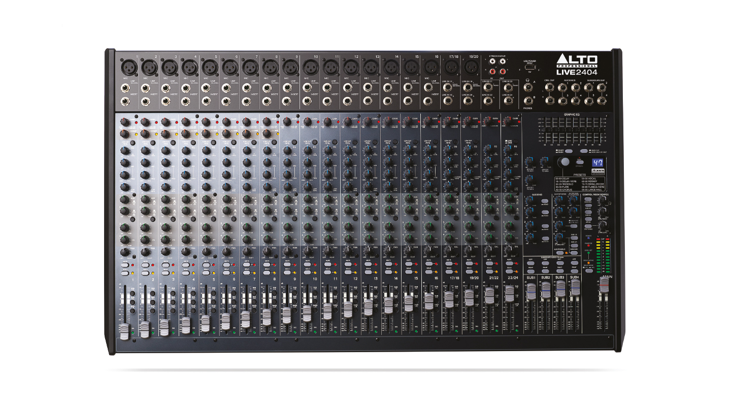 Professioneller 24-Channel/4-Bus Mixer, 18 XLR Mikrofoneingänge, 100 Alesis DSP Effekte, USB Audio