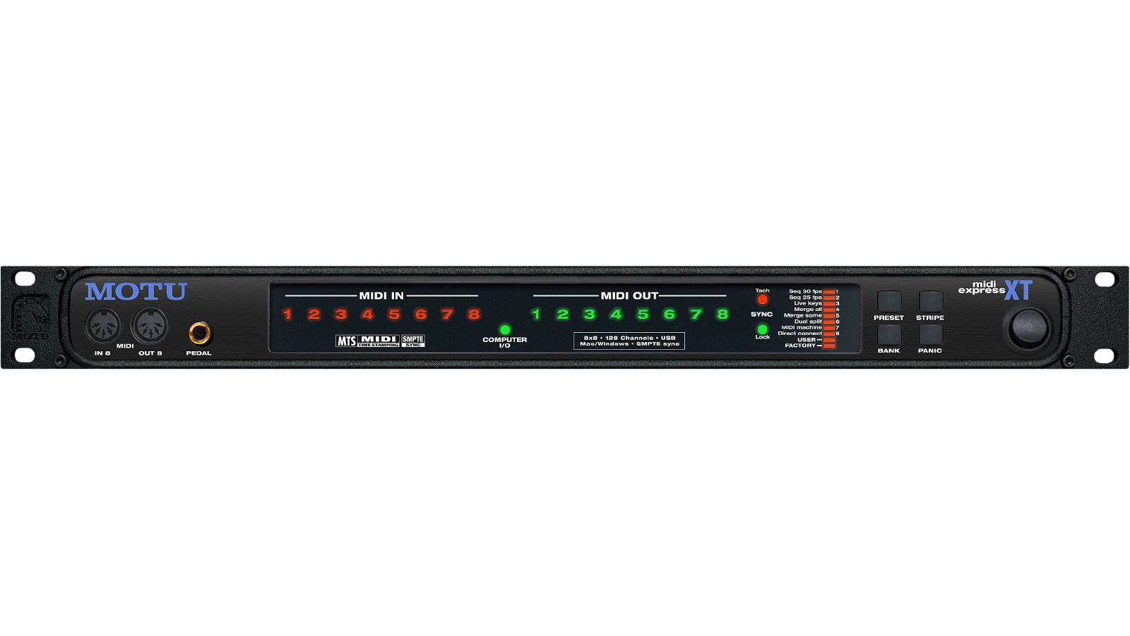 8-in/8-out MIDI interface, patchbay, and merger with time code sync